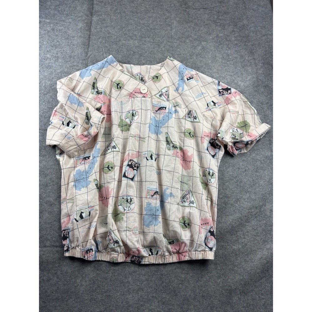 VTG 80s Women's M? Blouse Cotton Resort Travel Retro Novelty‎ Print Japan Korean